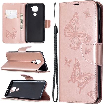 Mobigear Butterfly Xiaomi Redmi Note 9 Pungetui med Seddelrum - Rosaguld