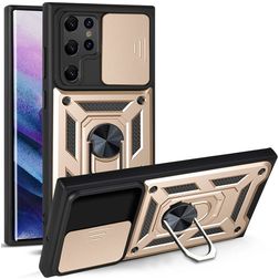 Mobigear Armor Ring Cam Slide Samsung Galaxy S22 Ultra Fodral Hårdplast Skal Stötsäkert med ringhållare - Guld
