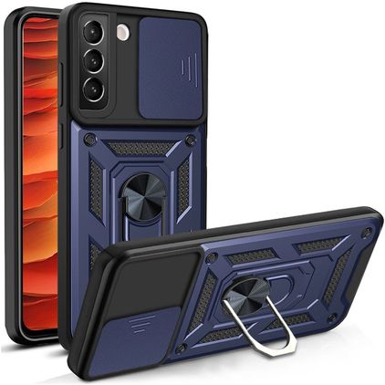 Mobigear Armor Ring Cam Slide Samsung Galaxy S22 Hårdt Bagsidecover Stødsikkert med ringholder og Camera Slider - Blå