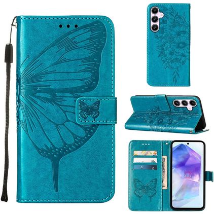 Mobigear Butterfly Samsung Galaxy A55 Pungetui med Seddelrum - Blå