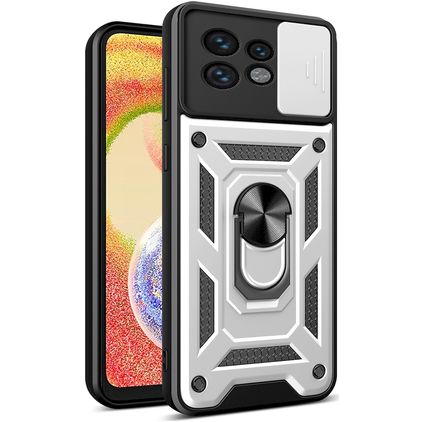 Mobigear Armor Ring Cam Slide Motorola Edge 40 Pro Hardcase Back cover Antiurto con anello e copriobiettivo scorrevole - Argento