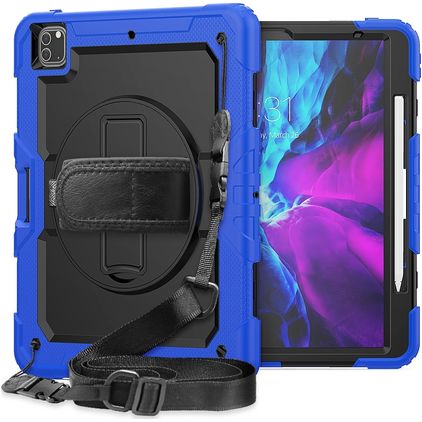 Mobigear SureGrip Xtreme iPad Pro 12.9 Inch (2020) Case Plastic / Silicone Back cover + Stylus Holder + Shoulder Strap + Stand - Black / Blue