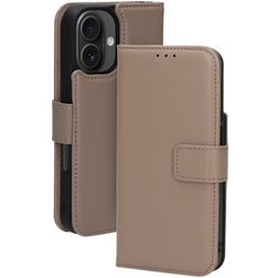 Mobiparts iPhone 16 MagSafe Capa Pele genuína Capa livro 2 em 1 com capa traseira amovível Carteira - Cinzento-acastanhado