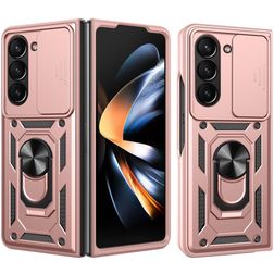 Mobigear Armor Ring Cam Slide Samsung Galaxy z Fold 7 Hardcase Etui plecki Wstrząsoodporne i pierścieniem i przesuwaną osłoną aparatu - Różowe złoto