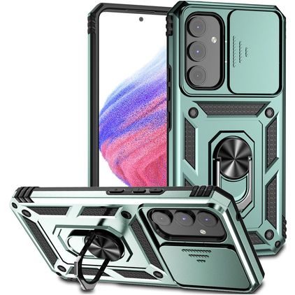 Mobigear Armor Ring Cam Slide Samsung Galaxy A54 Fodral Hårdplast Skal Stötsäkert med ringhållare och skjutbart kameraskydd - Grön