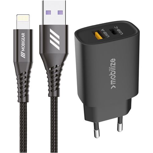 Mobigear Essentials Dual USB / USB-C Laturi Apple Lightning 1 m Power Delivery 25W - Musta