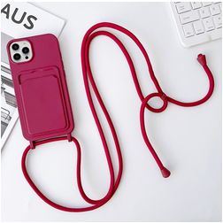 Mobigear Lanyard Card iPhone 15 Pro Max Silicona Funda con cuerda y tarjetero - Burdeos
