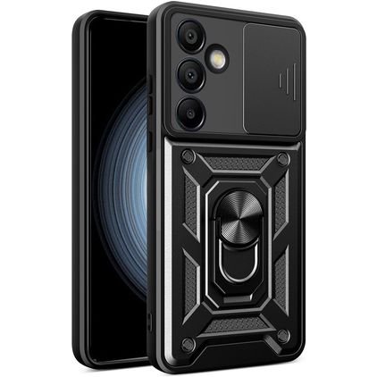 Mobigear Armor Ring Cam Slide Samsung Galaxy S24 FE Hårdt Bagsidecover Stødsikkert med ringholder og Camera Slider - Sort