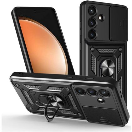 Mobigear Armor Ring Cam Slide Samsung Galaxy S26 FE Tvrdý plast Zadní kryt odolný proti nárazům s prstýnkem a posuvnou krytkou fotoaparátu - Černá