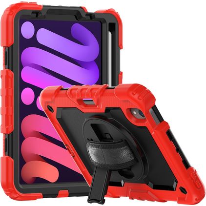 Mobigear SureGrip Xtreme iPad Mini 7 (2024) Fodral Hårdplast / Silikon Skal + Pennhållare + Axelrem + Ställ - Svart / Röd