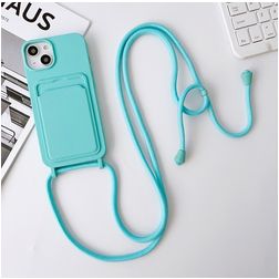 Mobigear Lanyard Card iPhone 15 Plus Silikon Etui ze smyczą z kieszenią na karty - Niebieski