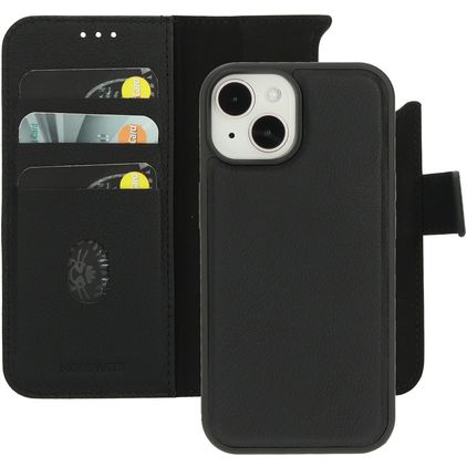 Mobiparts iPhone 15 MagSafe Capa Pele genuína Capa livro 2 em 1 com capa traseira amovível Carteira - Preto