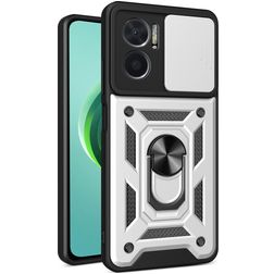 Mobigear Armor Ring Cam Slide Xiaomi Redmi 10 5G Funda Plástico rígido Carcasa Antigolpes con anillo y tapa deslizante para cámara - Plateado