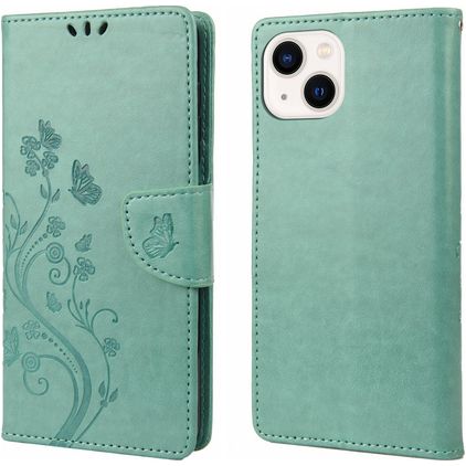 Mobigear Flowers iPhone 14 Cover a libro portafoglio - Verde