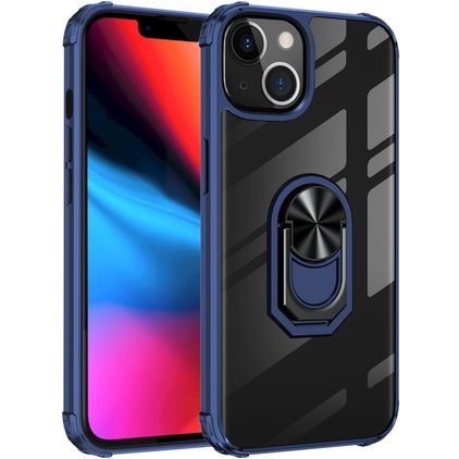 Mobigear Crystal Ring iPhone 14 Kova Suojakuori + Sormuspidike - Läpinäkyvä / Sininen