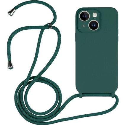 Mobigear Lanyard iPhone 14 Silikone Cover med snor - Mørkegrøn