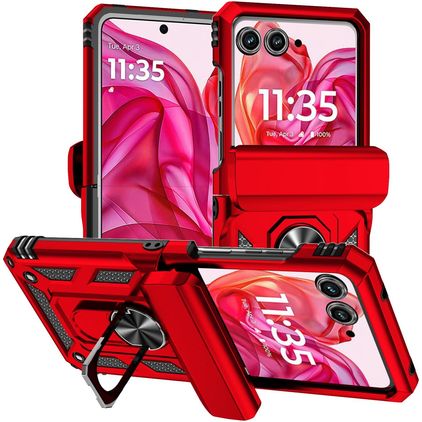 Mobigear Armor Ring Motorola Razr 50 Tvrdý plast Zadní kryt odolný proti nárazům s prstýnkem - Červená