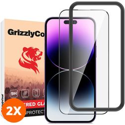 GrizzlyCoat Easy Fit iPhone 14 Pro Cristal templado Protector de pantalla - Compatible con fundas + Marco de instalación (pack de 2)