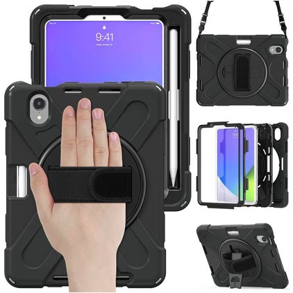 Mobigear SureGrip XGuard iPad Mini 7 (2024) Capa Plástico rígido / Silicone Capa traseira + Suporte para caneta stylus + Alça de ombro + Suporte - Preto