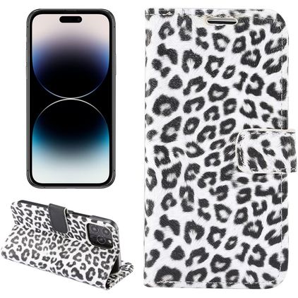 Mobigear Leopard iPhone 14 Pro Max Lompakkokotelo + Setelitasku - Valkoinen