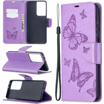 Mobigear Butterfly Samsung Galaxy S21 Ultra Pungetui med Seddelrum - Lilla