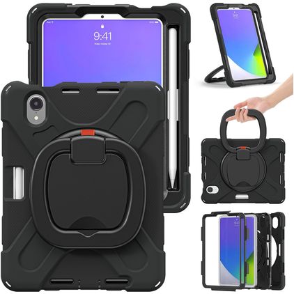 Mobigear RingGuard iPad Mini 7 (2024) Capa Plástico rígido / Silicone Capa traseira + Suporte para caneta stylus + Alça de ombro + Suporte - Preto