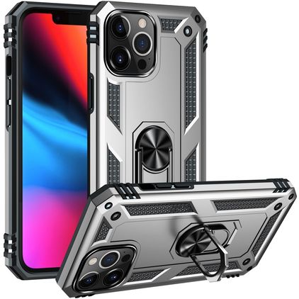 Mobigear Armor Ring iPhone 14 Pro Kova Suojakuori Iskunkestävä + Sormuspidike - Hopea