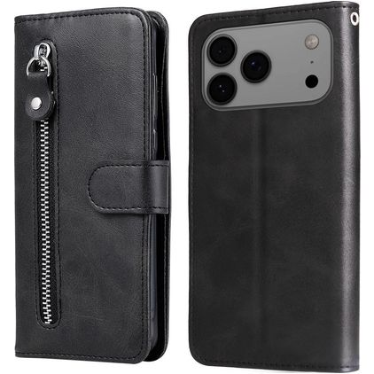 Mobigear Zipper iPhone 18 Pro Max Lompakkokotelo + Setelitasku - Musta