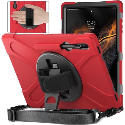 Mobigear SureGrip XGuard Samsung Galaxy Tab S8 Ultra Funda Plástico rígido / Silicona Carcasa + Portalápices + Correa bandolera + Soporte - Rojo