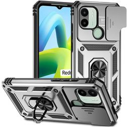 Mobigear Armor Ring Cam Slide Xiaomi Redmi A1 4G Plástico rígido Capa traseira Antichoque com anel e tampa deslizante para câmara - Prateado
