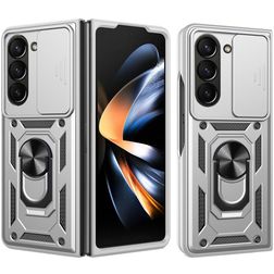 Mobigear Armor Ring Cam Slide Samsung Galaxy Z Fold 7 Hårdt Bagsidecover Stødsikkert med ringholder og Camera Slider - Sølv