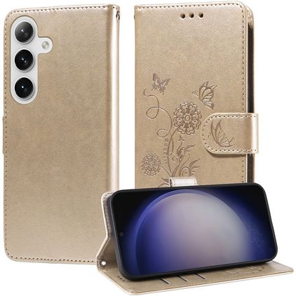 Mobigear Flowers Samsung Galaxy S25 Plus Pungetui med Seddelrum - Guld