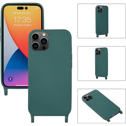 Mobigear Lanyard iPhone 14 Pro Max Silikone Cover med snor - Mørkegrøn