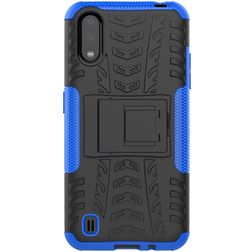 Mobigear Tire Samsung Galaxy A01 Tvrdý plast Zadní kryt odolný proti nárazům se stojánkem - Černá / Modrá