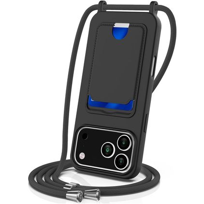 Mobigear Lanyard Card iPhone 18 Pro Silicone Case with lanyard and Card Holder - Black
