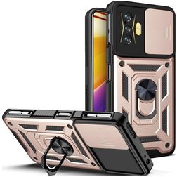 Mobigear Armor Ring Cam Slide POCO F4 GT Kova Suojakuori Iskunkestävä + Sormuspidike + Kameran liukusuoja - Ruusukulta +