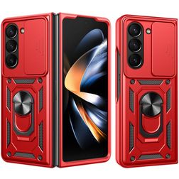 Mobigear Armor Ring Cam Slide Samsung Galaxy Z Fold 7 Hard Case Back cover Shockproof with Ring Holder and Camera Slider - Red