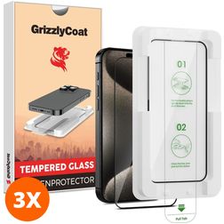 GrizzlyCoat AlignPro iPhone 15 Pro Max Tempered Glass Screen Protector - Case Friendly + Installation Frame - Black (3-Pack)