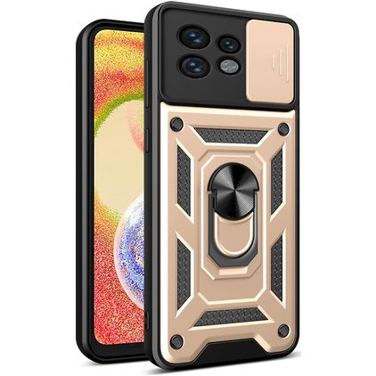 Mobigear Armor Ring Cam Slide Motorola Edge 40 Pro Funda Plástico rígido Carcasa Antigolpes con anillo y tapa deslizante para cámara - Dorado