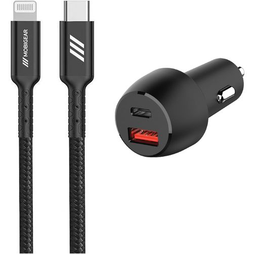 Mobigear Essentials Dual USB / USB-C Ładowarka samochodowa Apple Lightning 1 m Power Delivery 48W - Czarny