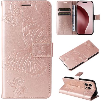 Mobigear Butterfly iPhone 16 Pro Capa livro Carteira - Rosa dourado