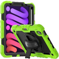 Mobigear SureGrip Xtreme iPad Mini 7 (2024) Fodral Hårdplast / Silikon Skal + Pennhållare + Axelrem + Ställ - Svart / Grön