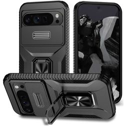 Mobigear Armor Ring Cam Slide Google Pixel 9 Pro XL Tvrdý plast Zadní kryt odolný proti nárazům s prstýnkem a posuvnou krytkou fotoaparátu - Černá