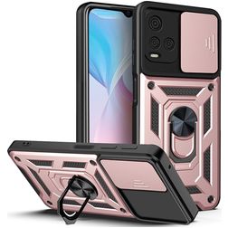 Mobigear Armor Ring Cam Slide Vivo Y33s Hårdt Bagsidecover Stødsikkert med ringholder og Camera Slider - Rosaguld