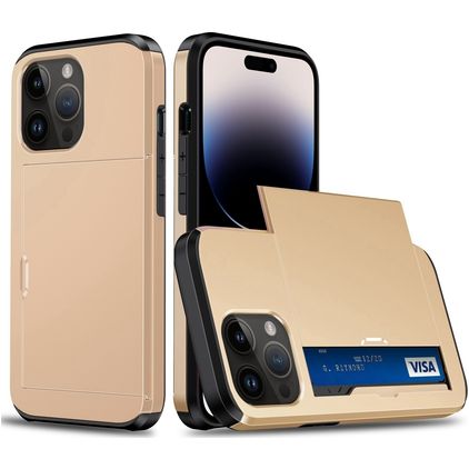 Mobigear Card iPhone 15 Pro Max Kova Suojakuori Iskunkestävä + Korttitasku - Kulta