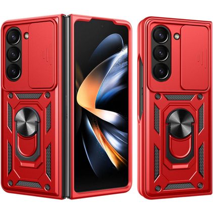 Mobigear Armor Ring Cam Slide Samsung Galaxy z Fold 7 Hardcase Etui plecki Wstrząsoodporne i pierścieniem i przesuwaną osłoną aparatu - Czerwony