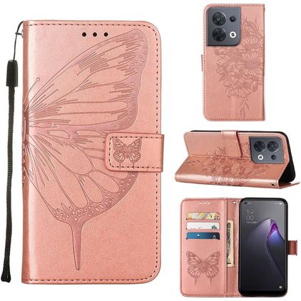 Mobigear Butterfly OPPO Reno 8 5G Pungetui med Seddelrum - Rosaguld