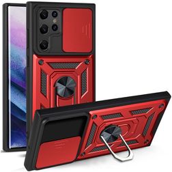 Mobigear Armor Ring Cam Slide Samsung Galaxy S22 Ultra Hårdt Bagsidecover Stødsikkert med ringholder - Rød