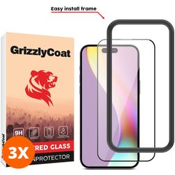 GrizzlyCoat Easy Fit iPhone 15 Plus Vidro temperado Película de ecrã - Compatível com capas + Moldura de instalação - Preto (Pack de 3)
