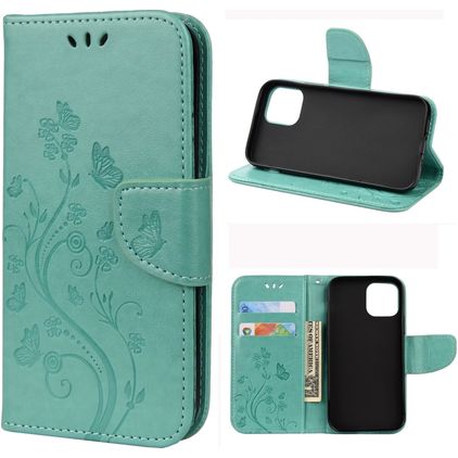 Mobigear Flowers iPhone 12 Mini Plånboksfodral med sedelfack - Turkos